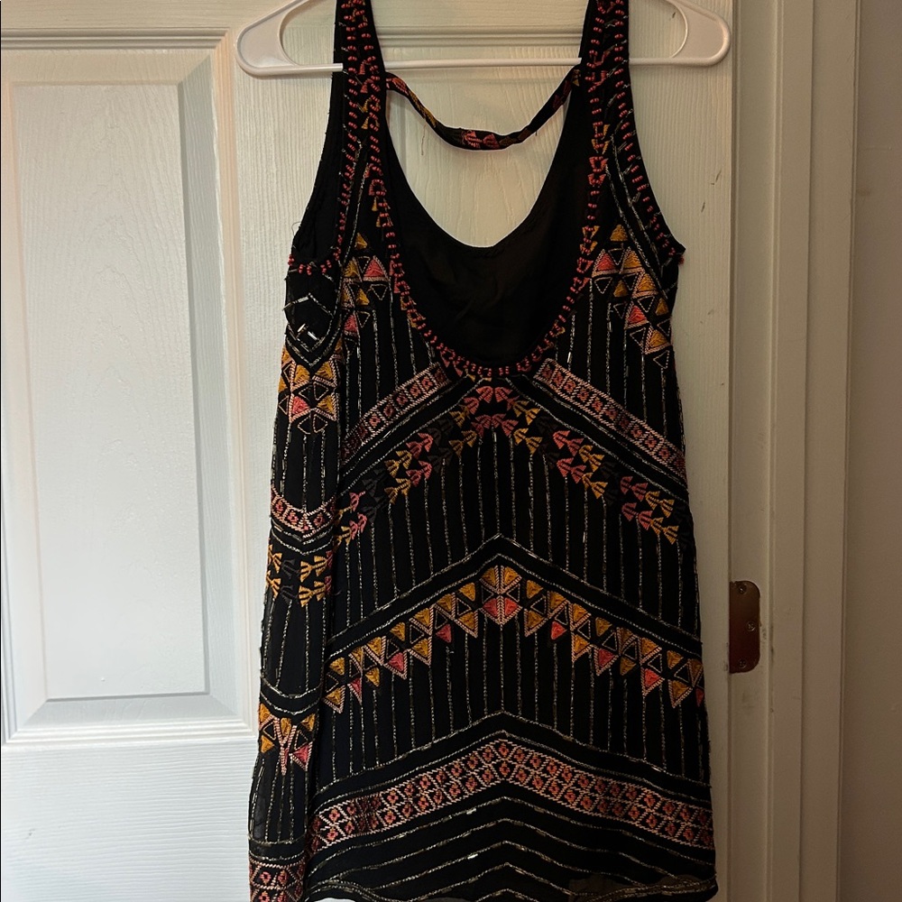 Free People Size XS Boho Embroidered Black Tank Dress with Geometric Accents - Picture 5 of 6